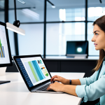 A professional female market researcher, dressed in a modest business casual outfit, sits at a desk in a clean, modern office. She is looking intently at a large screen displaying diverse data visualizations related to consumer behavior and social media trends, with subtle digital elements reflecting market insights. On the desk, there are a tablet and some fashion magazines. The background shows blurred elements of a collaborative workspace, indicating a focus on comprehensive understanding of the modern consumer. fully clothed, appropriate attire, safe for work, perfect anatomy, natural pose, professional dress, correct proportions, well-formed hands, proper finger count, natural body proportions, professional photography, high quality, studio lighting, detailed, appropriate content.