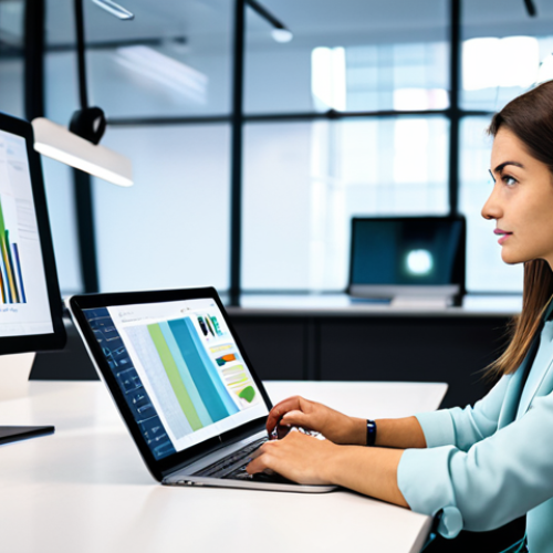 Home 25 A professional female market researcher, dressed in a modest business casual outfit, sits at a desk in a clean, modern office. She is looking intently at a large screen displaying diverse data visualizations related to consumer behavior and social media trends, with subtle digital elements reflecting market insights. On the desk, there are a tablet and some fashion magazines. The background shows blurred elements of a collaborative workspace, indicating a focus on comprehensive understanding of the modern consumer. fully clothed, appropriate attire, safe for work, perfect anatomy, natural pose, professional dress, correct proportions, well-formed hands, proper finger count, natural body proportions, professional photography, high quality, studio lighting, detailed, appropriate content.