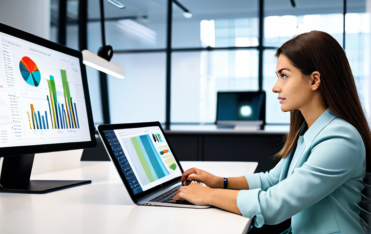 A professional female market researcher, dressed in a modest business casual outfit, sits at a desk in a clean, modern office. She is looking intently at a large screen displaying diverse data visualizations related to consumer behavior and social media trends, with subtle digital elements reflecting market insights. On the desk, there are a tablet and some fashion magazines. The background shows blurred elements of a collaborative workspace, indicating a focus on comprehensive understanding of the modern consumer. fully clothed, appropriate attire, safe for work, perfect anatomy, natural pose, professional dress, correct proportions, well-formed hands, proper finger count, natural body proportions, professional photography, high quality, studio lighting, detailed, appropriate content.