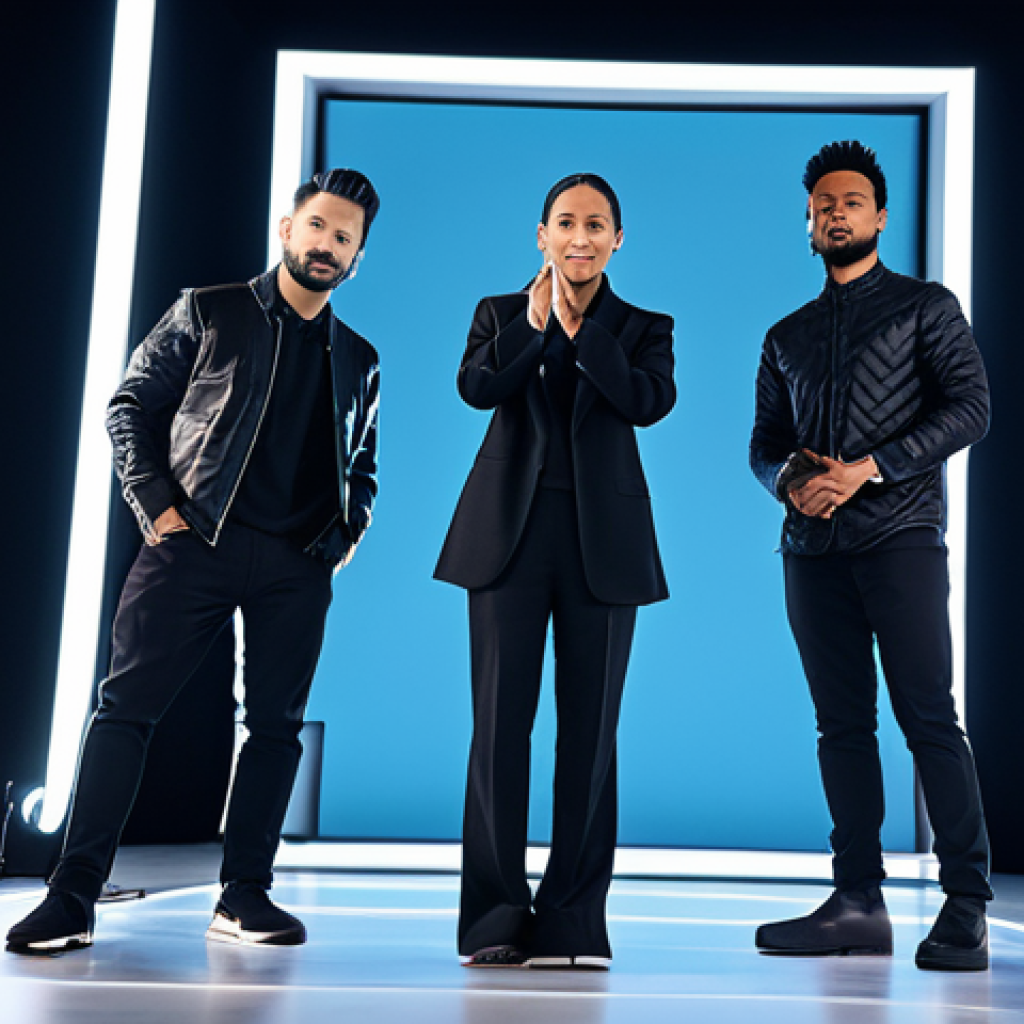 A diverse group of professional artists, fully clothed in modern, modest, culturally-inspired fashion, performing on a high-tech music video set. The stage features dynamic, artistic lighting that enhances the visual narrative, creating an immersive experience. Professional photography, high detail, perfect anatomy, correct proportions, natural pose, well-formed hands, proper finger count, natural body proportions, appropriate attire, safe for work, appropriate content, fully clothed, family-friendly.