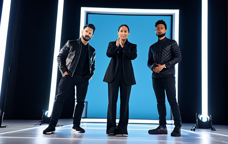 A diverse group of professional artists, fully clothed in modern, modest, culturally-inspired fashion, performing on a high-tech music video set. The stage features dynamic, artistic lighting that enhances the visual narrative, creating an immersive experience. Professional photography, high detail, perfect anatomy, correct proportions, natural pose, well-formed hands, proper finger count, natural body proportions, appropriate attire, safe for work, appropriate content, fully clothed, family-friendly.