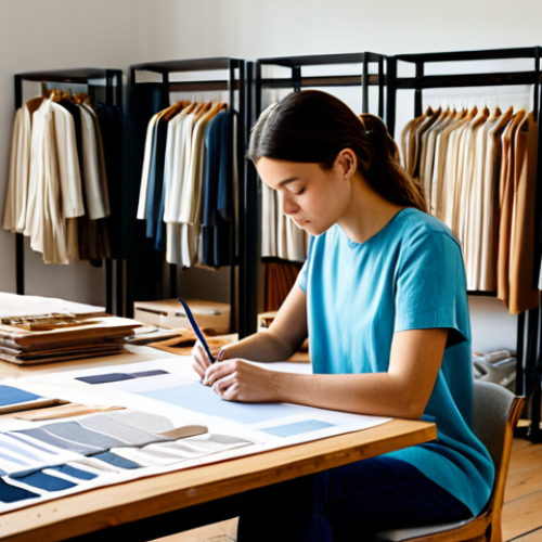 Home 22 Sustainable Fashion Design Studio**
A bright and airy fashion design studio filled with natural light. A young woman wearing modest clothing is sketching designs at a large wooden table covered with fabric swatches (cotton, linen, silk). In the background, there are racks of clothing made from natural dyed fabrics in soft, earth-toned colors. A 3D printer is visible in the corner, creating a custom-designed garment. The overall scene is professional and eco-friendly. safe for work, appropriate content, fully clothed, professional, perfect anatomy, correct proportions, natural pose, well-formed hands, proper finger count, natural body proportions, high quality.
**