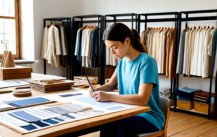 Sustainable Fashion Design Studio**

A bright and airy fashion design studio filled with natural light. A young woman wearing modest clothing is sketching designs at a large wooden table covered with fabric swatches (cotton, linen, silk). In the background, there are racks of clothing made from natural dyed fabrics in soft, earth-toned colors. A 3D printer is visible in the corner, creating a custom-designed garment. The overall scene is professional and eco-friendly.  safe for work, appropriate content, fully clothed, professional, perfect anatomy, correct proportions, natural pose, well-formed hands, proper finger count, natural body proportions, high quality.

**