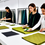 Sustainable Fashion Materials Showcase**

"A diverse group of fully clothed, professional fashion designers examining fabric swatches made from innovative, sustainable materials: pineapple leather (Piñatex), recycled cotton, and algae-based textiles. The setting is a bright, modern design studio in Lisbon, Portugal, with samples arranged on a large table. Appropriate attire, safe for work, perfect anatomy, natural proportions, professional fashion photography, high quality, modest clothing, family-friendly."

**