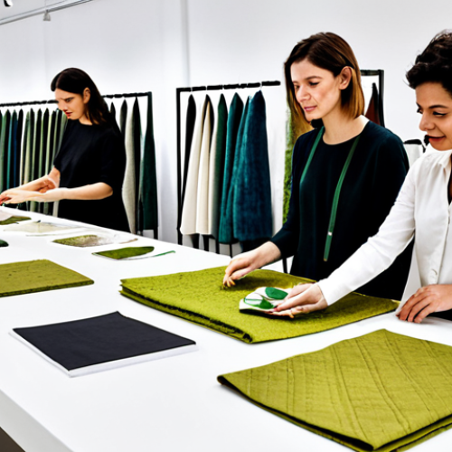 Home 9 Sustainable Fashion Materials Showcase**
"A diverse group of fully clothed, professional fashion designers examining fabric swatches made from innovative, sustainable materials: pineapple leather (Piñatex), recycled cotton, and algae-based textiles. The setting is a bright, modern design studio in Lisbon, Portugal, with samples arranged on a large table. Appropriate attire, safe for work, perfect anatomy, natural proportions, professional fashion photography, high quality, modest clothing, family-friendly."
**