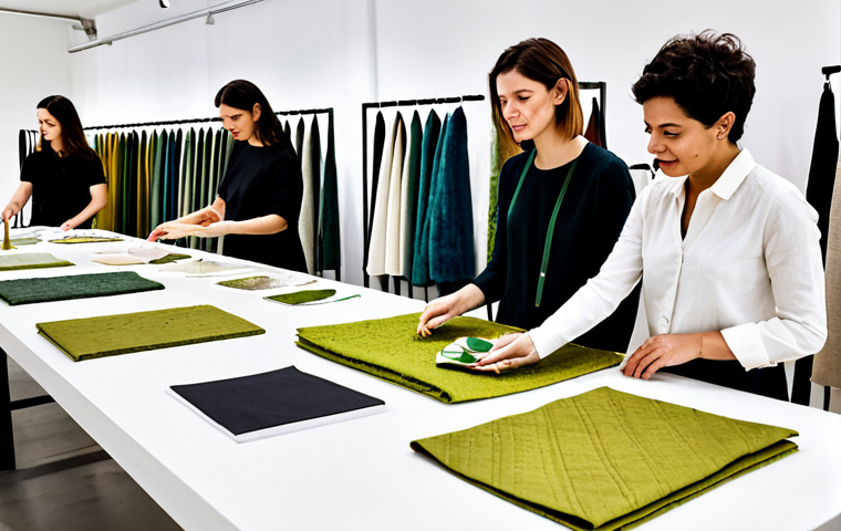 Sustainable Fashion Materials Showcase**

"A diverse group of fully clothed, professional fashion designers examining fabric swatches made from innovative, sustainable materials: pineapple leather (Piñatex), recycled cotton, and algae-based textiles. The setting is a bright, modern design studio in Lisbon, Portugal, with samples arranged on a large table. Appropriate attire, safe for work, perfect anatomy, natural proportions, professional fashion photography, high quality, modest clothing, family-friendly."

**