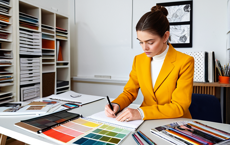 패션디자인과 패션아이템 기획 - Trend Research & Inspiration**

"A fashion designer in a bright, modern studio, surrounded by mood b...