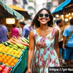 패션디자인과 패션상품기획사 - **A young woman, early 20s, walking through a vibrant, bustling São Paulo street market.** She is we...