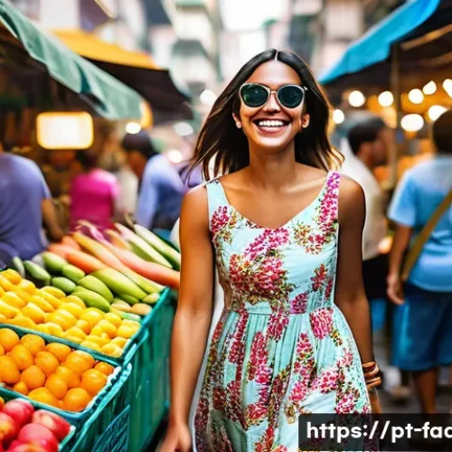 패션디자인과 패션상품기획사 - **A young woman, early 20s, walking through a vibrant, bustling São Paulo street market.** She is we...