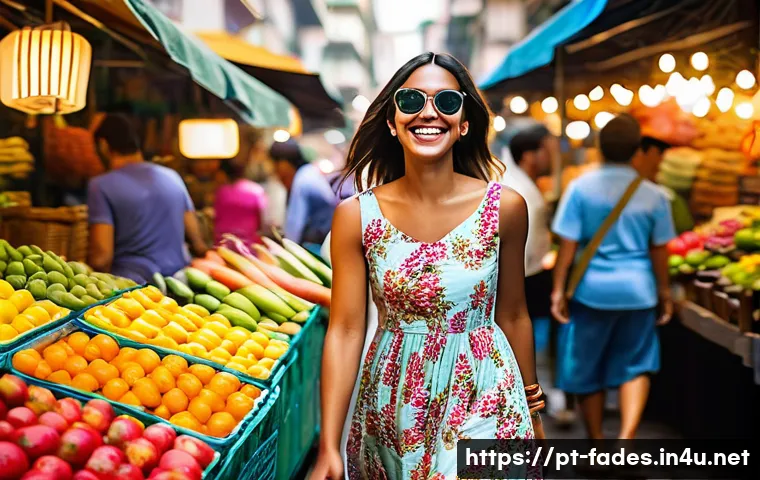 패션디자인과 패션상품기획사 - **A young woman, early 20s, walking through a vibrant, bustling São Paulo street market.** She is we...