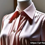 패션디자인과 패션소재 응용 - A close-up, hyper-realistic image of a luxury silk blouse draped elegantly on a mannequin, showcasin...