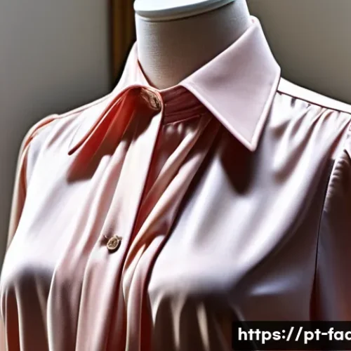 패션디자인과 패션소재 응용 - A close-up, hyper-realistic image of a luxury silk blouse draped elegantly on a mannequin, showcasin...