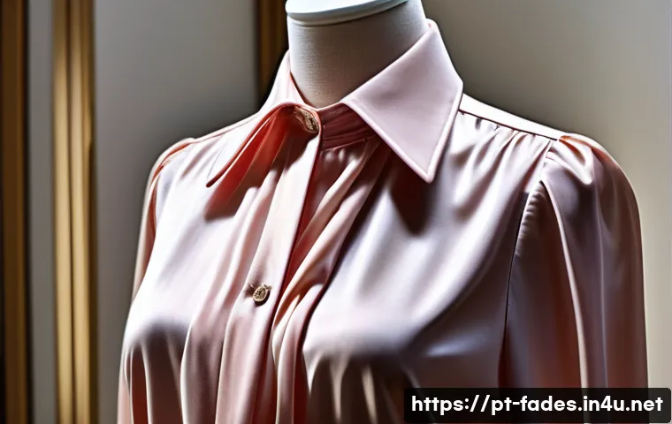 패션디자인과 패션소재 응용 - A close-up, hyper-realistic image of a luxury silk blouse draped elegantly on a mannequin, showcasin...