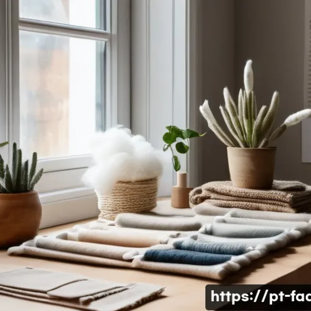 패션 디자인 소재학 - A stylish fashion designer’s workspace showcasing various natural fabrics such as organic cotton, li...