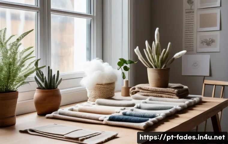 패션 디자인 소재학 - A stylish fashion designer’s workspace showcasing various natural fabrics such as organic cotton, li...