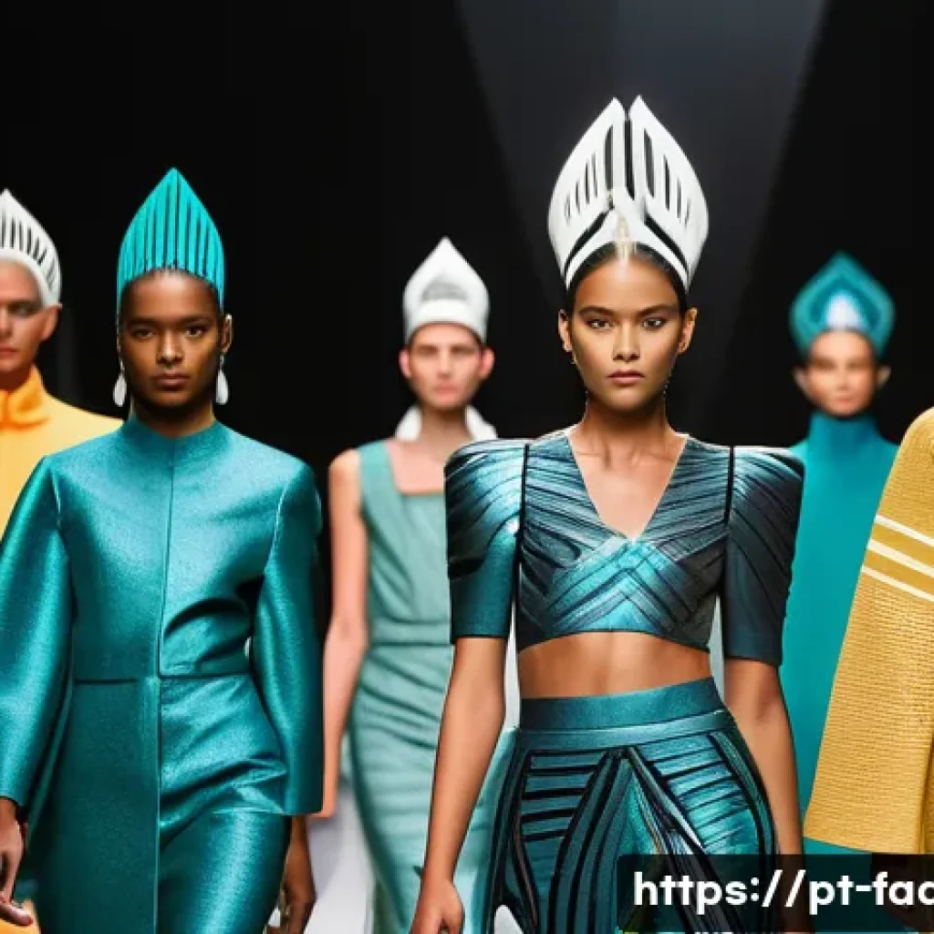 패션디자인과 패션뮤지엄 - A futuristic Brazilian fashion runway scene featuring models wearing reinterpretations of traditiona...