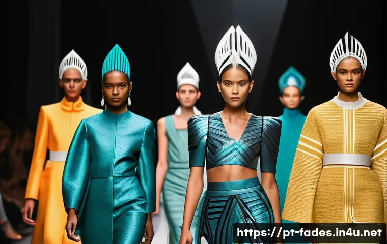 패션디자인과 패션뮤지엄 - A futuristic Brazilian fashion runway scene featuring models wearing reinterpretations of traditiona...