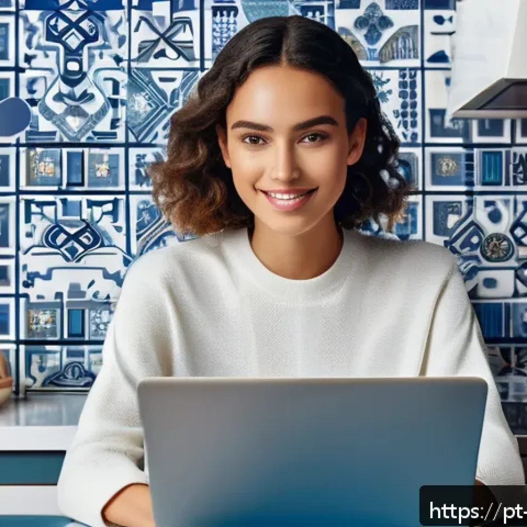 패션디자인과 E 커머스 - A stylish young Portuguese woman shopping online at home on a laptop, surrounded by digital fashion ...