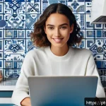 패션디자인과 E 커머스 - A stylish young Portuguese woman shopping online at home on a laptop, surrounded by digital fashion ...