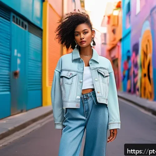 패션디자인과 패션사진 - A fashion model wearing stylish urban streetwear with pastel tones and metallic accessories, capture...