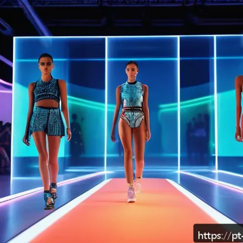 패션디자인과 NFT 패션 - A futuristic fashion runway scene blending physical and digital elements, featuring diverse models w...