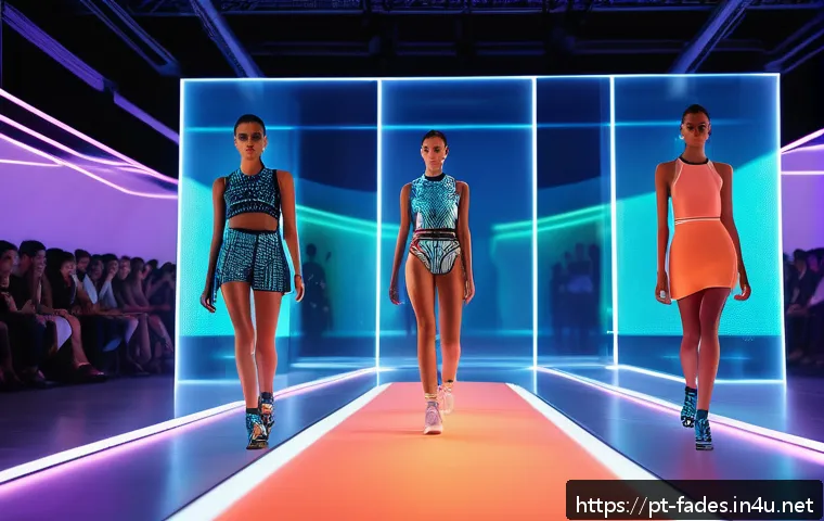 패션디자인과 NFT 패션 - A futuristic fashion runway scene blending physical and digital elements, featuring diverse models w...